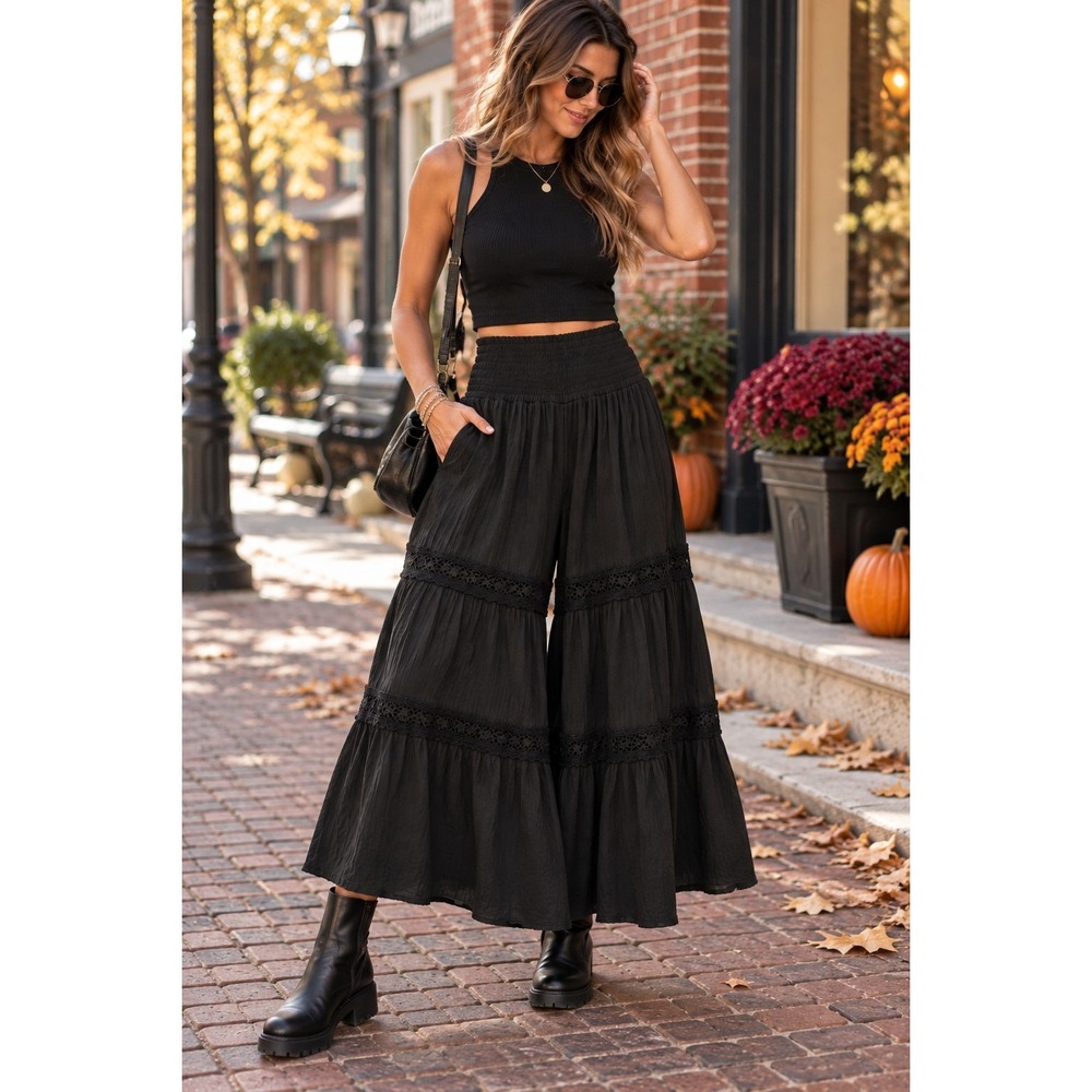 SHEIN Black Tiered Wide Leg Palazzo Pants L Lace Trim Boho Whimsigoth